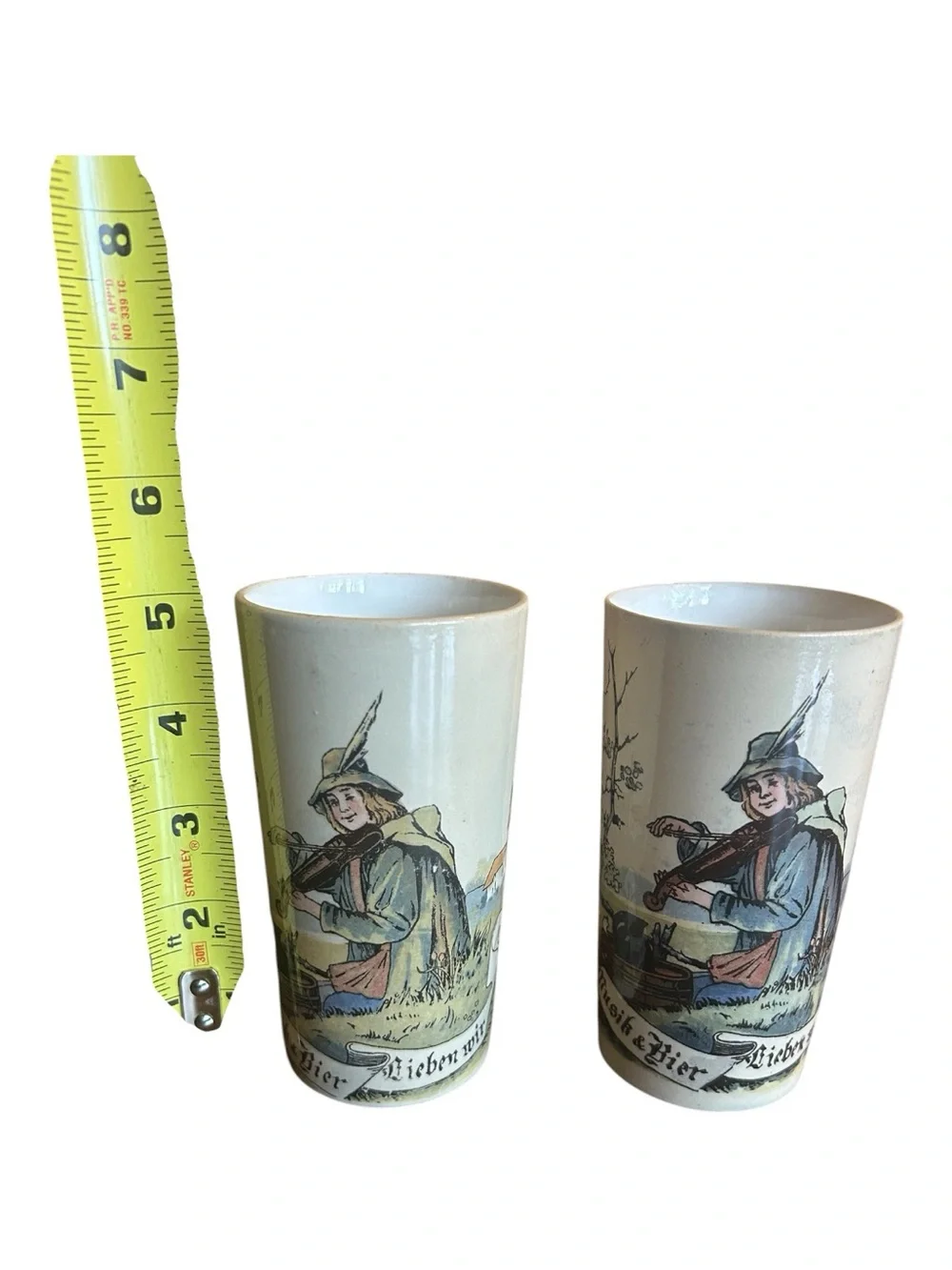 Antique Mettlach Villeroy & Boch Beer Beaker Pair 2327 1023 Pug Fiddle Player